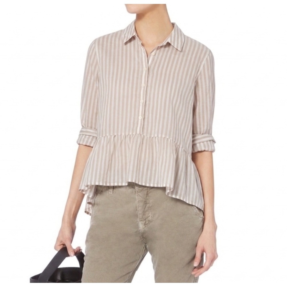 Birds of Paradis by Trovata Chrissy Striped Peplum Button Down Shirt Tan White L